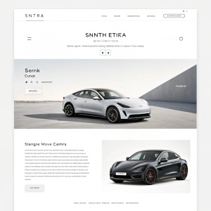 Screenshot of Synth Etika's e-commerce site featuring sleek smart cars. Clean, modern layout with minimalist design. Cars prominently displayed in center. Neutral, muted color scheme.