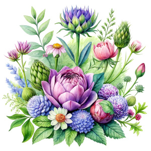 watercolor image , artichokes  ,pink centaurea ,nigella ,mentha ,, hydrangea , wild lupine ,compass plant ,dogwoodevening primrose ,nodding onion , cosmos,scilla,hosta ,achillea,carly dock ,bee balm , physalis , watercolor,  background