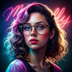 crear una imagen de una  mujer joven con lentes, cabello ondulado, rostro indu, negro, latina, en un salón,  al fondo un letrero, que se lea perfectamente con texto "MILLY" fondo artistico full hd 8k