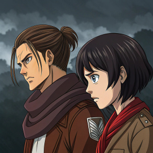 Fan art illustration featuring Eren Jaeger and Mikasa Ackerman from Attack on Titan. Eren with a serious expression, brown hair in a bun, Mikasa with a worried look, short dark brown hair. Dark, moody background with hints of stormy clouds
