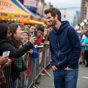 Andrew Garfield, donning a navy blue hoodie and jeans, surrounded by fans at a bustling outdoor street festival.