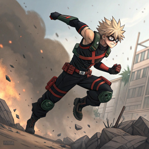 Katsuki Bakugou, anime character, in midair during intense battle. Wearing black suit with red highlights, dynamic action pose
