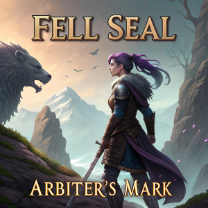 Digital illustration for 'Fell Seal: Arbiter's Mark' book cover. A young female warrior, clad in armor with a determined expression, stands before a towering mythical beast with purple accents in her hair. The backdrop showcases rugged cliffs and mystical landscapes, evoking a vivid fantasy world. Title and game themes are prominently displayed.