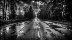 Abandoned empty broken road rainfall horror