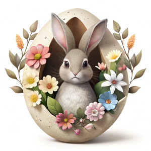 Happy easter concept. Cute easter bunny rabbit inside a cracked egg and flower, flat design on white background