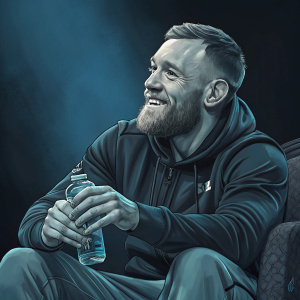 Conor McGregor in a candid shot, sitting with a relaxed smile. Water bottle in hand. Dark studio background with a blue tint.