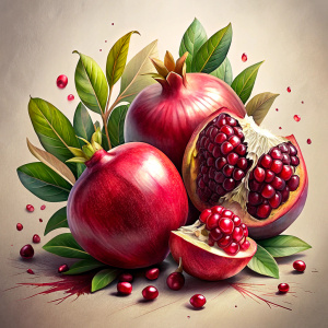 Title: "Extracts from Pomegranate"

Prompt:
"Create captivating images inspired by the essence of pomegranate extracts. Explore the vibrant colors, textures, and the essence of this exotic fruit in your artwork. Whether it's the rich crimson hue of the seeds, the luscious juice dripping from the fruit, or the intricate patterns of its skin, let the imagery convey the beauty and vitality of pomegranates. Show the versatility of pomegranate extracts, from culinary delights to skincare products, an