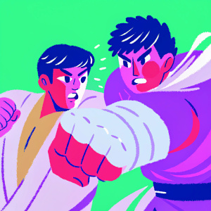 James Kyson Lee and Masi Oka, from Heroes, in an action scene. Dynamic movement, green screen background