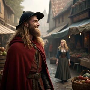 Chris Hemsworth, with a long beard and smiling, wearing a traditional red cloak and black hat. He stands in a bustling medieval market surrounded by peasants and merchants, with a distant glimpse of a blonde woman in elegant attire.
