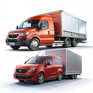 Generate realistic images of a passenger car and a delivery vehicle up to 3.5 tons both cars on the one photo next to each other