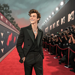 Shawn Mendes, young man, smiling at the MTV Video Music Awards. Black suit, red carpet, flashing cameras.