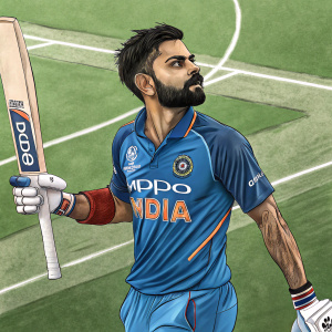 Digital illustration of Virat Kohli. Cricket ground background. Wearing blue jersey with sponsors logo.