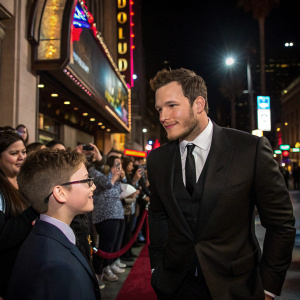 Chris Pratt, dressed in a black suit and tie, stands amidst a lively crowd at the star unveiling ceremony on Hollywood Boulevard. A young man with glasses and a formal outfit greets him.