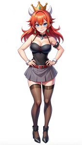 Bowsette looks straight ahead, red hair, short skirt, stockings, full body