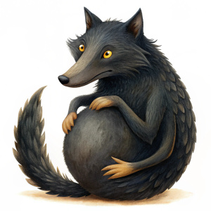 a thin black wolf rubbing his round full belly, childrens book art