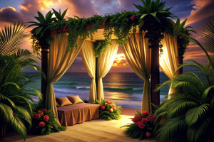 "Imagine a tropical paradise-inspired romantic room with flowing canopy curtains, vibrant floral accents, and a canopy bed overlooking a moonlit ocean. Create a scene that transports viewers to a romantic escape."

