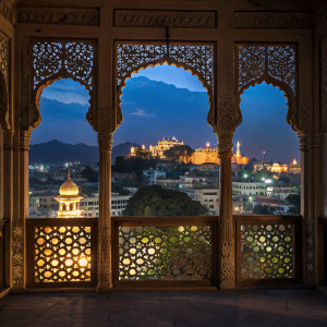 Ornate jali windows reveal the vibrant night skyline of Udaipur, showcasing a mix of modern lights and traditional architecture.