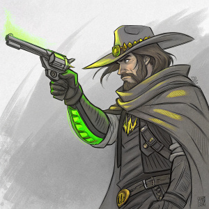 Digital concept art of Overwatch character McCree. Green and yellow highlights on hand. Sketch-like style with gray-toned background.