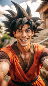 Goku sorrindo olhando para a câmera no modo selfie, em cenário condizente, 
