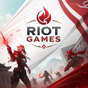 Promotional flyer for Riot Games, featuring vibrant white and red colors, sharp design elements, and prominent logo.