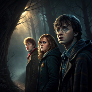 Epic fantasy illustration of young Harry Potter, Hermione Granger, and Ron Weasley standing before a dimly lit Forbidden Forest entrance. Dramatic lighting casts eerie shadows, enhancing the dark and mysterious mood.