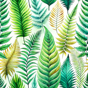 ferns and  tropical leaves. laying repeat.only
 white background.