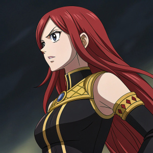 Digital artwork featuring Irene Belserion from Fairy Tail. Bold hues, detailed lines. Long red hair, resolute look, black and gold attire. Dark background, highlighting her stance. Focus on her animated face and posture.