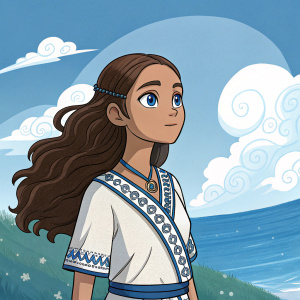 Katara, from the animated series Avatar: The Last Airbender, with flowing brown hair and deep blue eyes. She is dressed in a traditional Water Tribe tunic with intricate embroidery, standing in front of a serene landscape featuring a wide blue sky and fluffy white clouds.
