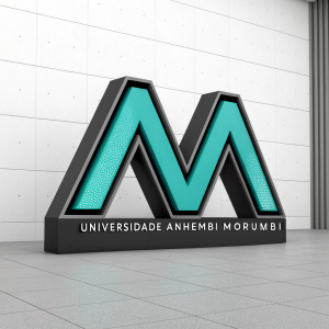 Modern abstract logo for Universidade Anhembi Morumbi. Teal and black color scheme. 3D rendering of stylized letter 'M'