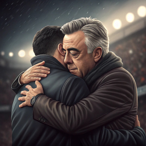 Xavi Hernandez and Carlo Ancelotti sharing a tight embrace. Out-of-focus fans and stadium lights in the background.