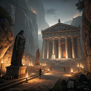 In the heart of Assassin's Creed Odyssey, a colossal stone temple surrounded by towering statues and flickering torches.