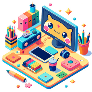 image of a room with a  kawaii desk with pencils, a computer, a graphics tablet and customizable products, make the image convey the idea of ​​creative product customization with a cute touch