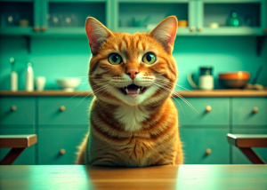 red cat smiling at the table, kitchen, sharp focus