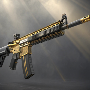 Highly detailed digital art of a HK416 assault rifle. The gun features gold highlights against its primary metal finish. Rendered in sharp focus, it showcases the weapon's long barrel and ergonomic design for optimal handling and rapid fire capabilities.