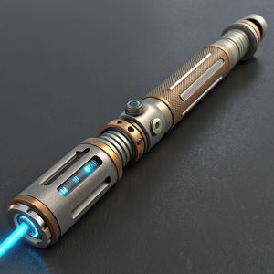 A detailed image of River Song's Sonic Screwdriver from Doctor Who. Futuristic design with gray and brown hues, blue light accents, and various components on a dark surface.
