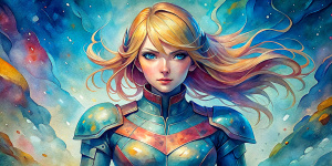 samus aran de cuerpo completo, se encuentra dentro de su nave que viaja enla galaxia.acurela y estilo anime.