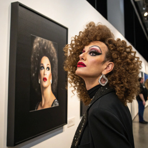 Close-up of Sasha Velour, a drag queen with extravagant makeup and curly hair, posing against a solid black backdrop at an art gallery opening.
