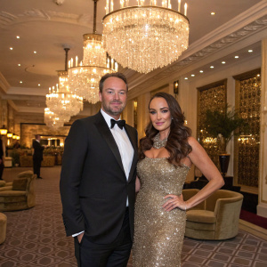 Tamara Ecclestone and Robert Montague attending a charity gala. Lavish interior with chandeliers.