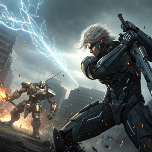 Promotional art for Metal Gear Rising: Revengeance. Digital illustration showcasing Raiden in intense battle with a massive, robotic foe. Highly detailed artwork emphasizing action and power.