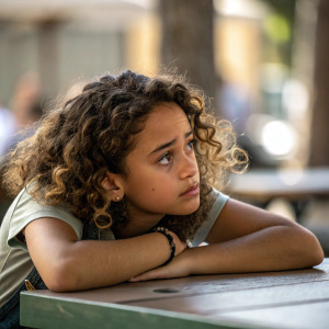A candid photo of a young Latina girl with curly hair, wearing a concerned look. She is leaning forward with her elbows resting on a table. The blurred background highlights her emotional expression in a natural light setting.