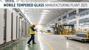 Create a professional 16:9 landscape image for the title 'Mobile Tempered Glass Manufacturing Plant  2025' background with manufacturing plant
