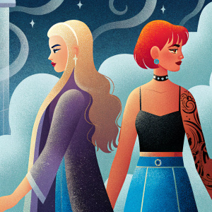 Digital artwork featuring Diana and Katarina from League of Legends. Diana has long blonde hair, pale skin, and a stylish outfit with purple and blue tones. Katarina has short red hair, black top, and visible tattoos. Background is a mystical, dark scene with swirling mist