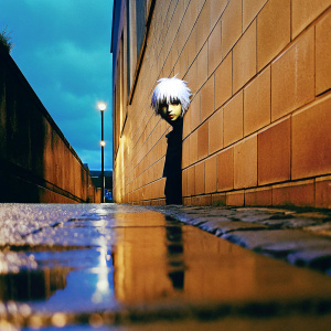 Kaneki Ken, with white hair and red eyes, standing in a dark alley. The city lights reflect off the wet cobblestones.