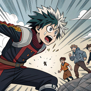 In a vivid, shonen manga-style panel, the protagonist, with striking features and intense expression, is mid-action in a dramatic scene. Background filled with dynamic lines and shapes, illustrating movement and tension. The panel is segmented, showcasing various moments of the action. Characters are sketched with bold, sharp lines and exaggerated features typical of manga. The atmosphere is urgent and exhilarating, evoking the essence of youthful, action-packed shonen manga.