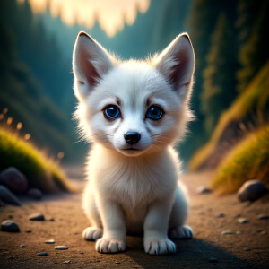 little WHITE WOLF, big very sad eyes, super cute, realistic textured body, ((high quality)), 64k, UHD, HDR, masterpiece, chibi pixar style, full body, Full Color, landscape background, (cover: 1.5)
