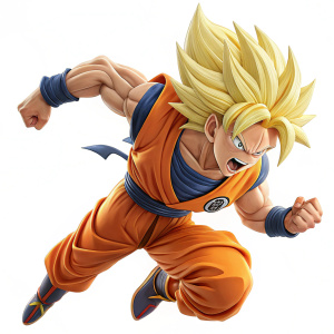 Son Goku action figure, super saiyan form. White background, vibrant colors. Dramatic mid-air pose.