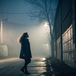 Young woman with hollow look, wavy hair. Standing in foggy, deserted alley. Lonely vibe.