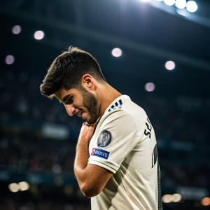 Close-up shot of Marco Asensio. Wearing Real Madrid jersey. Hugs jersey. Distant stadium lights visible