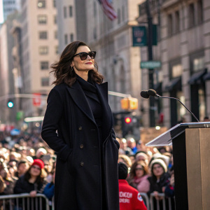 Rachel Weisz, at an outdoor press conference. Wearing a long black coat and sunglasses. Crowded street backdrop.