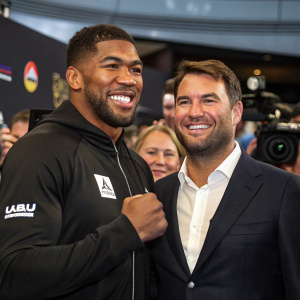 Anthony Joshua and Eddie Hearn at a boxing press conference. Joshua, a bearded man in a black suit, stands next to Hearn. Both are smiling. The background is filled with reporters and cameras.